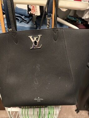 Louis Vuitton Black Leather Tote with Silver LV Emblem and Tan Trim